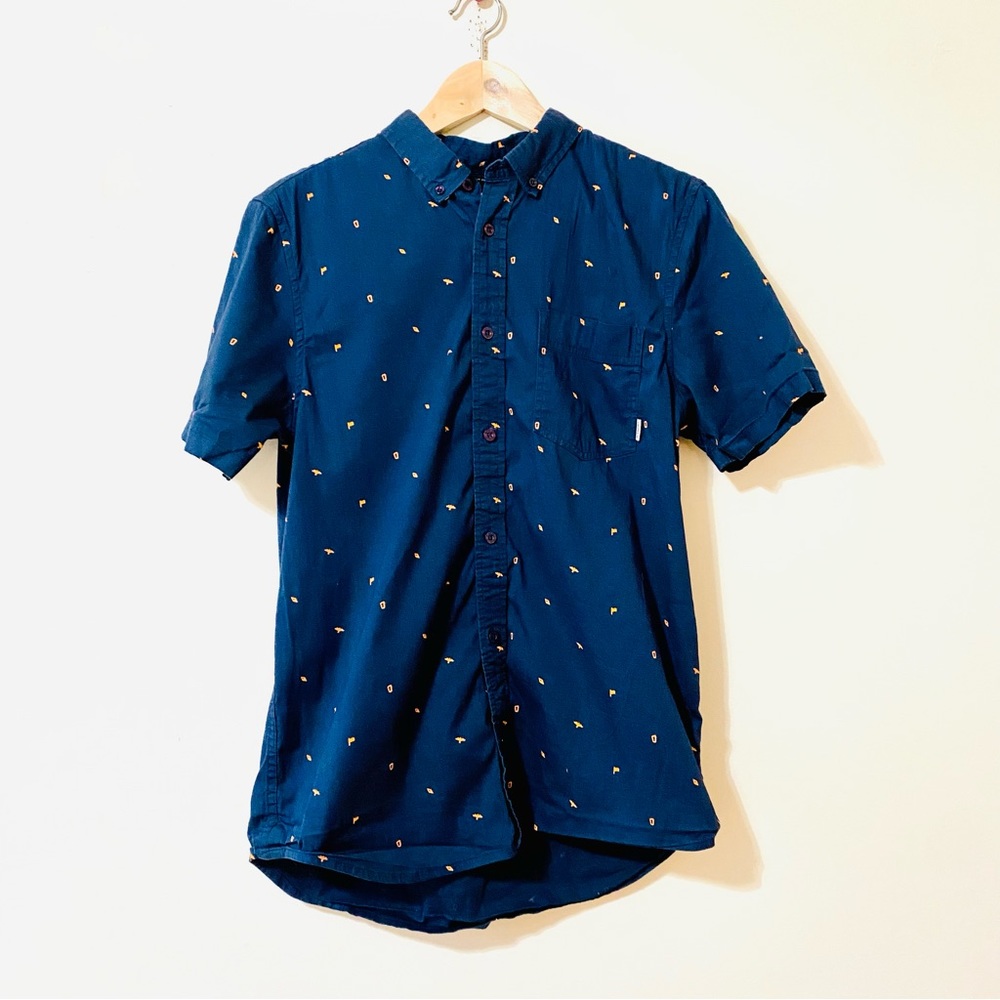 Element Flex Casual Button Down Shirt Short Sleeve Navy Blue Orange Medium